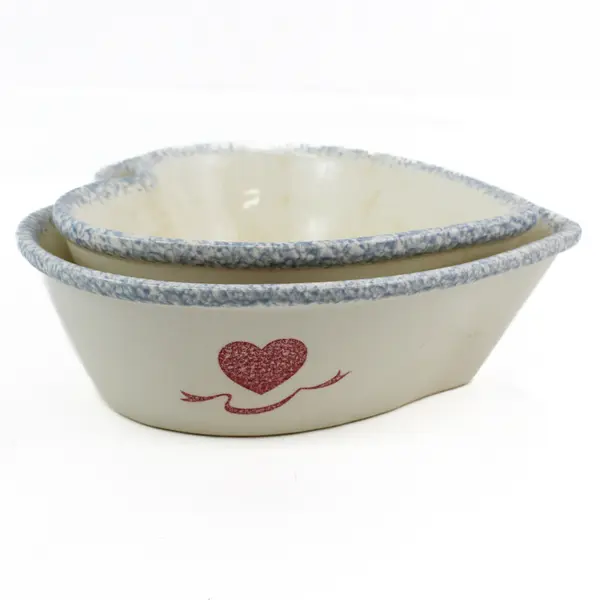Set of 2 Vintage Heart Shaped Spongeware Nesting Serving Bowls Japan