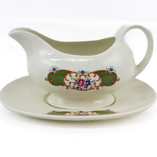 Arnel's Gravy Boat and Underplate Green Lattice With Pink roses Blue flowers