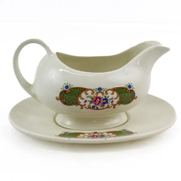 Arnel's Gravy Boat and Underplate Green Lattice With Pink roses Blue flowers