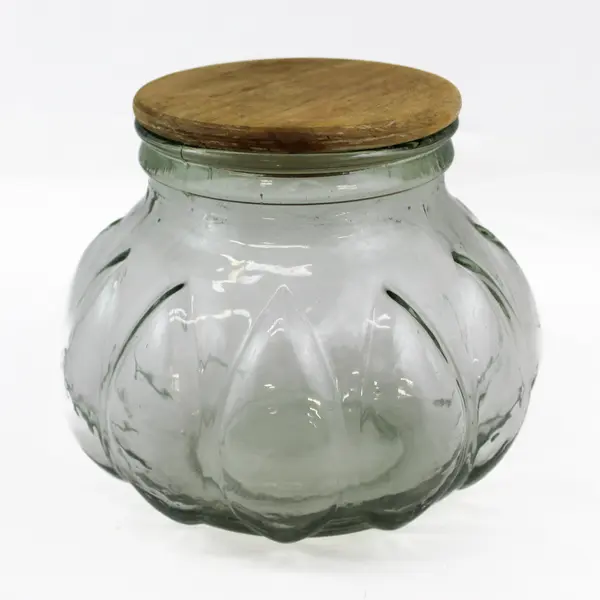 VTG Green Tint Pumpkin-Shaped Storage Apothecary Glass Jar With Wood Lid 