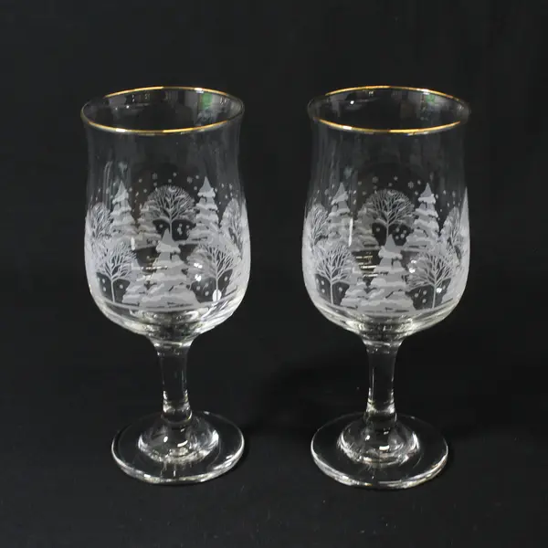 VTG Libbey Arby’s Winter Snow Scene Wine Glasses Etched Trees 22k Gold Trim 