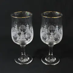 VTG Libbey Arby’s Winter Snow Scene Wine Glasses Etched Trees 22k Gold Trim 