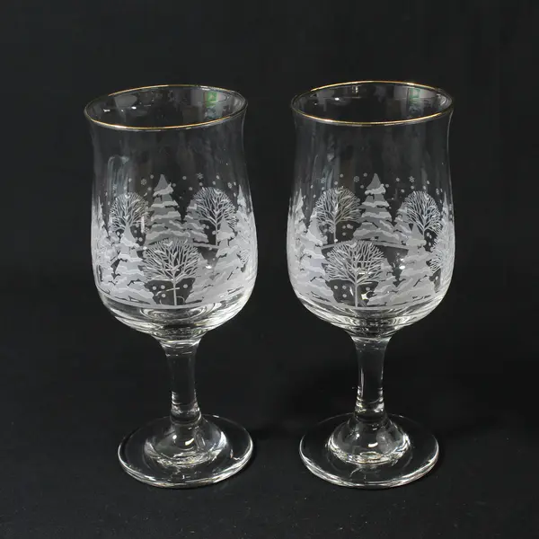 VTG Libbey Arby’s Winter Snow Scene Wine Glasses Etched Trees 22k Gold Trim 