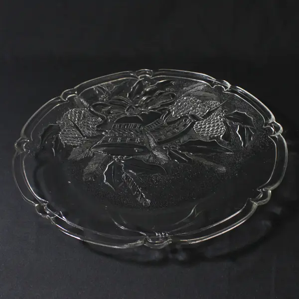 Gibson Everyday Holiday Time Clear Embossed Glass Platter Bells Cones Holly 13"
