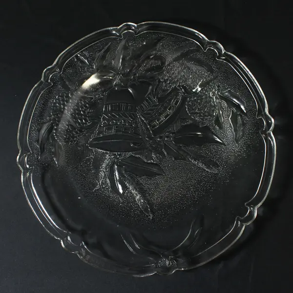 Gibson Everyday Holiday Time Clear Embossed Glass Platter Bells Cones Holly 13"
