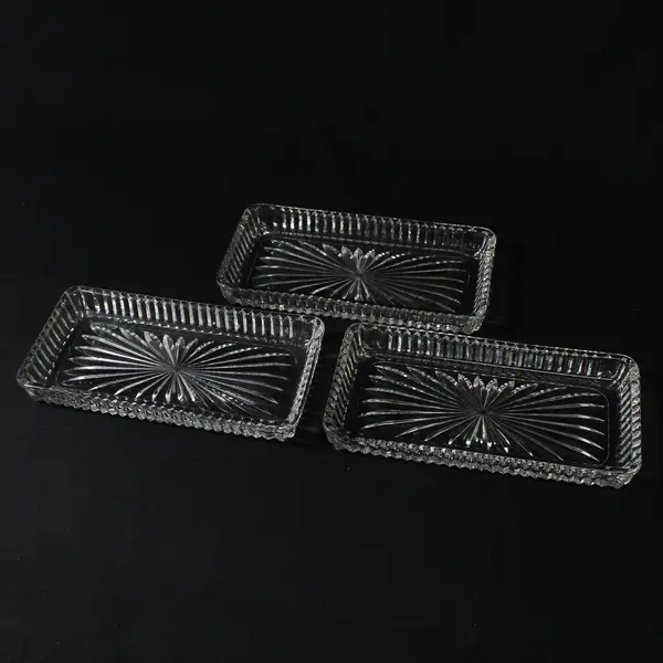  3 Ribbed Glass Rectangular Snack or Cracker Trays Starburst Bottom 7.25" Long