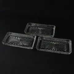  3 Ribbed Glass Rectangular Snack or Cracker Trays Starburst Bottom 7.25" Long