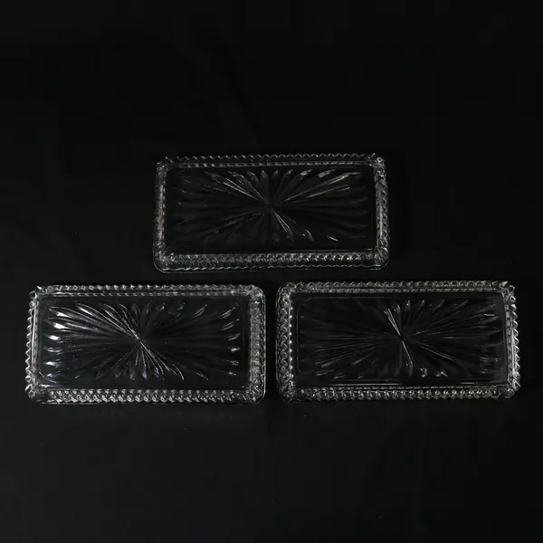  3 Ribbed Glass Rectangular Snack or Cracker Trays Starburst Bottom 7.25" Long