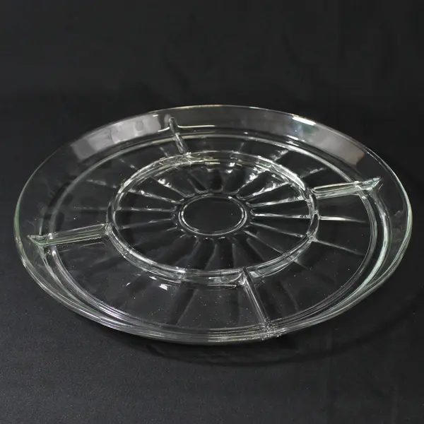 Clear 5-Compartment Round Glass Divided Platter Paneled Pattern 13in