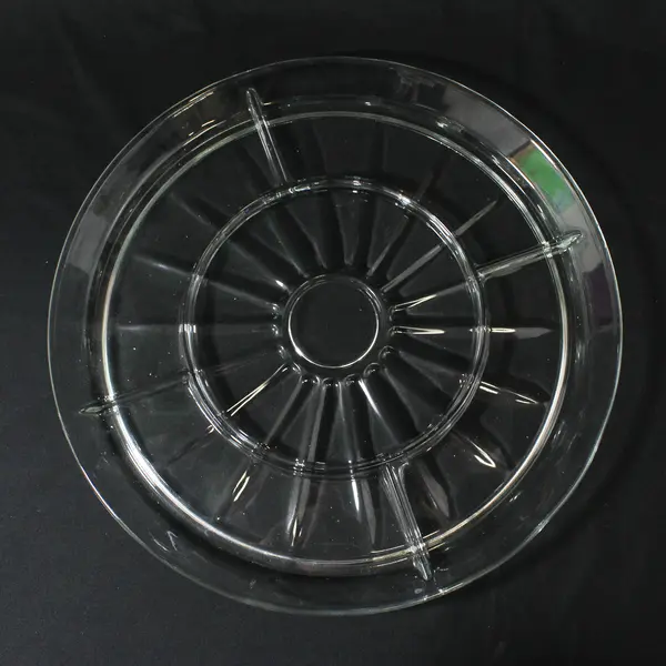 Clear 5-Compartment Round Glass Divided Platter Paneled Pattern 13in