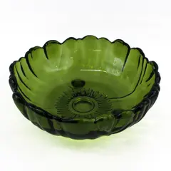Vintage Indiana Glass Heavy Olive Green Glass Bowl Flower Design 3-Footed 11.5"