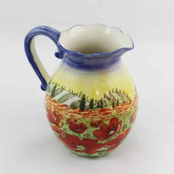 Hand Painted Ceramic Poppy Field  Pitcher China 8.75"