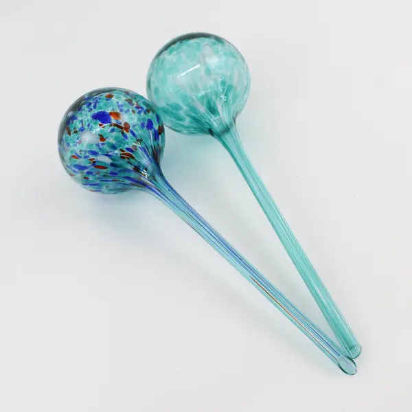 Set of 2 Hand Blown Art Glass Watering Globes Aqua Blue Plant