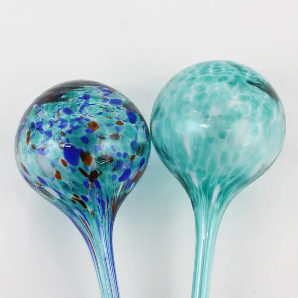 Set of 2 Hand Blown Art Glass Watering Globes Aqua Blue Plant