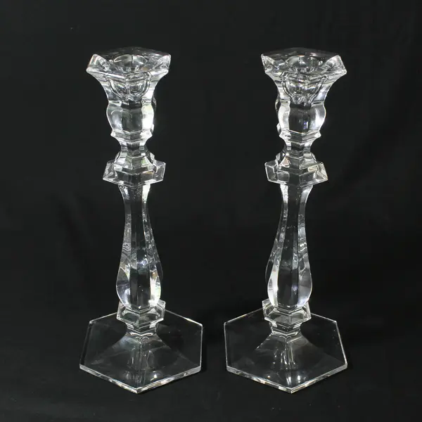 Set of 2 Imperial Clear Lead  Crystal Hexagon Taper Candlesticks 10 in