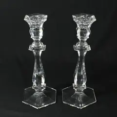 Set of 2 Imperial Clear Lead  Crystal Hexagon Taper Candlesticks 10 in