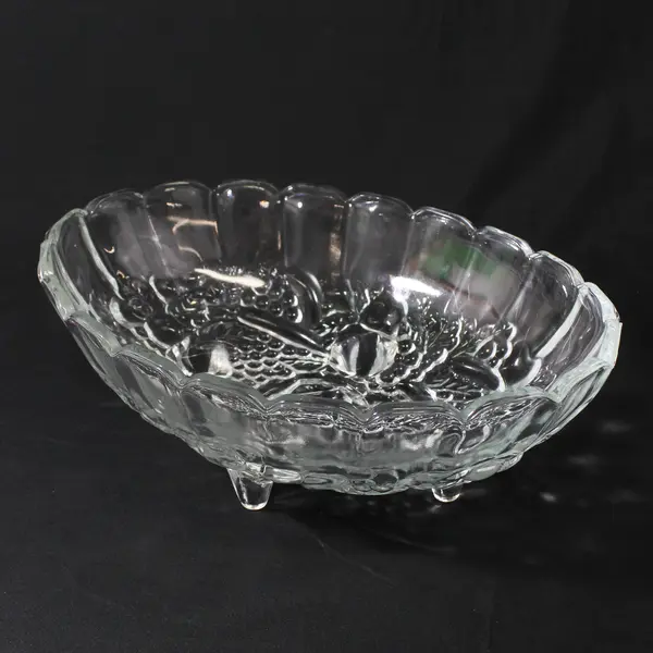 Vtg  Indiana Glass Garland Clear Large 4 Footed Fruit Bowl Embossed Fruits