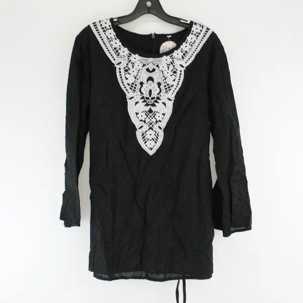 Almatrichi Embroidered Neckline Sheer Black 3/4-Sleeve Top Women's US XL