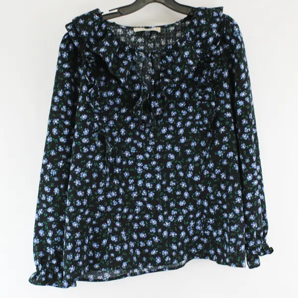 LOFT Blue Floral Pattern Ruffled Black Balloon Sleeve Blouse Women's Medium
