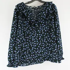 LOFT Blue Floral Pattern Ruffled Black Balloon Sleeve Blouse Women's Medium