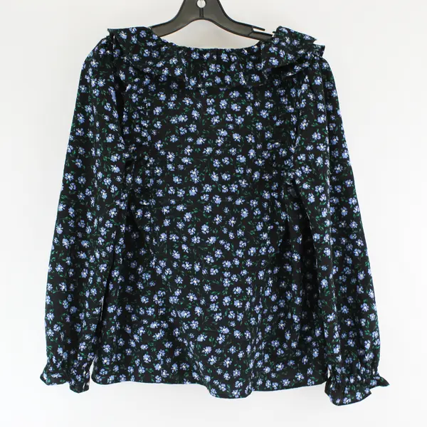 LOFT Blue Floral Pattern Ruffled Black Balloon Sleeve Blouse Women's Medium