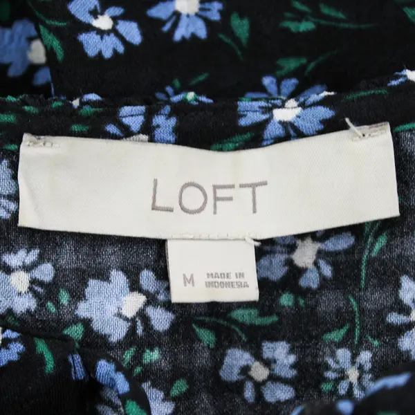 LOFT Blue Floral Pattern Ruffled Black Balloon Sleeve Blouse Women's Medium