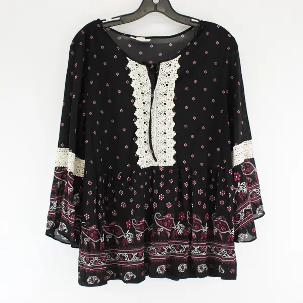 Style & Co. Paisley Pattern Black Bell-Sleeve Blouse Crochet Detail Women's Med
