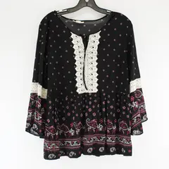 Style & Co. Paisley Pattern Black Bell-Sleeve Blouse Crochet Detail Women's Med