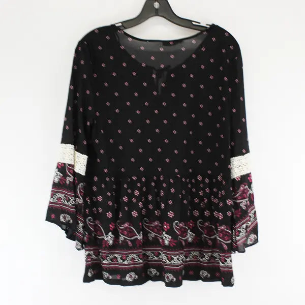 Style & Co. Paisley Pattern Black Bell-Sleeve Blouse Crochet Detail Women's Med