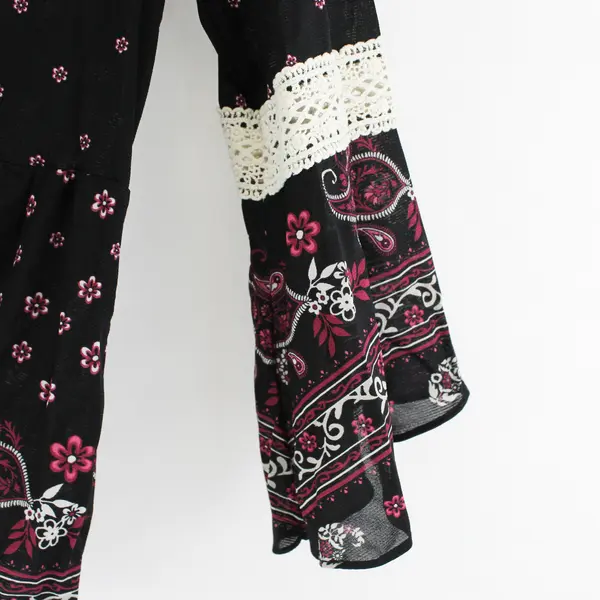 Style & Co. Paisley Pattern Black Bell-Sleeve Blouse Crochet Detail Women's Med