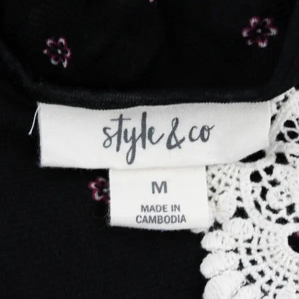 Style & Co. Paisley Pattern Black Bell-Sleeve Blouse Crochet Detail Women's Med