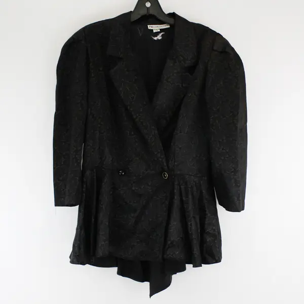 PM Collection Black Scroll Leaf Peplum Blazer Womens Sz 14 Long Sleeve