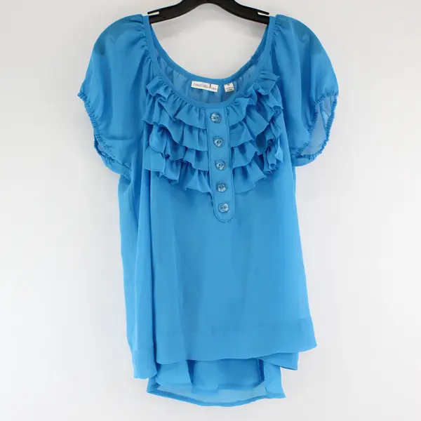 NWT John Paul Richard Turquoise Blue Sheer Ruffle Blouse Women's Medium