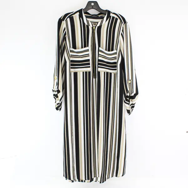 Mlle Gabrielle Sheer Black White Beige Striped 1/4-Zip Shirt Dress Women's 1X