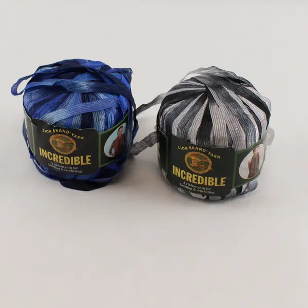 Lot of 2 Lion Brand Incredible Ribbon Yarn Blue and Gray