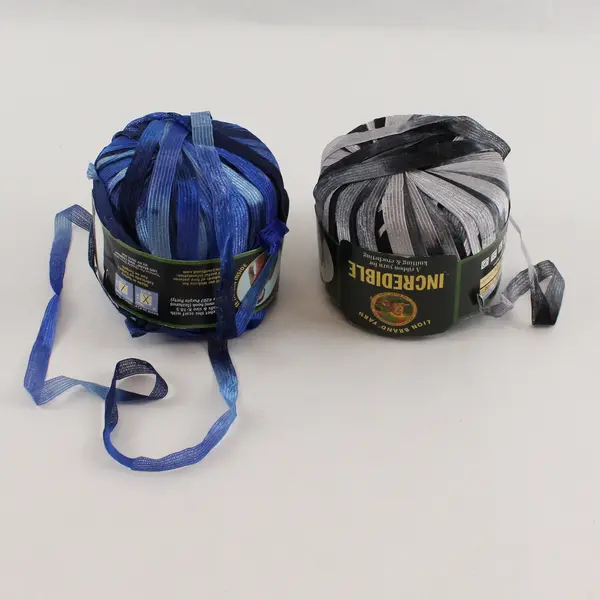 Lot of 2 Lion Brand Incredible Ribbon Yarn Blue and Gray