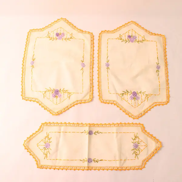 3 Pc Set VTG Floral Embroidered Placemats and Table Runner Dresser Scarf FLAWED