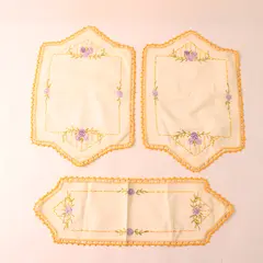 3 Pc Set VTG Floral Embroidered Placemats and Table Runner Dresser Scarf FLAWED