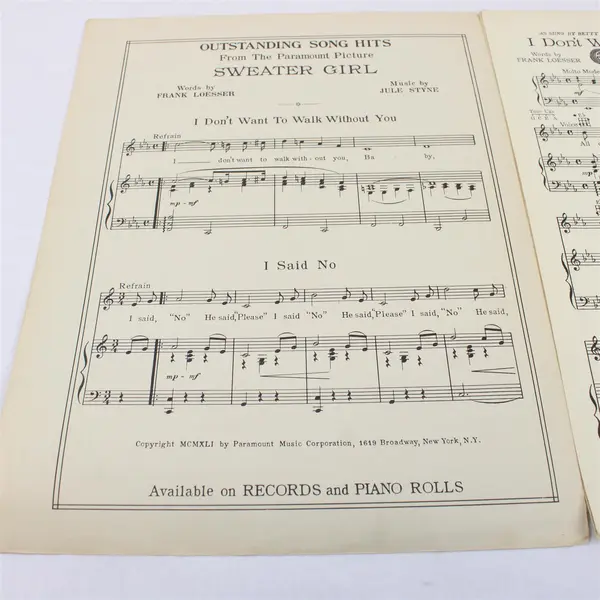 VTG Sheet Music I Don't Want to Walk Without You Frank Loesser Jule Styne 1941 