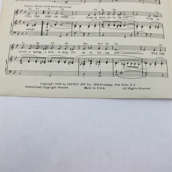 Vintage 1945 Buddy Kaye and Ted Mossman's Till the End of Time Piano Sheet Music