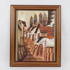 Vintage Latin American Watercolor Village Framed & Signed Original 9.5"x13.5" 