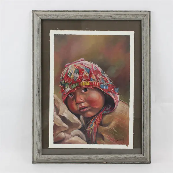 Ronny Original Framed Oil Painting Andean Child Undated Portrait