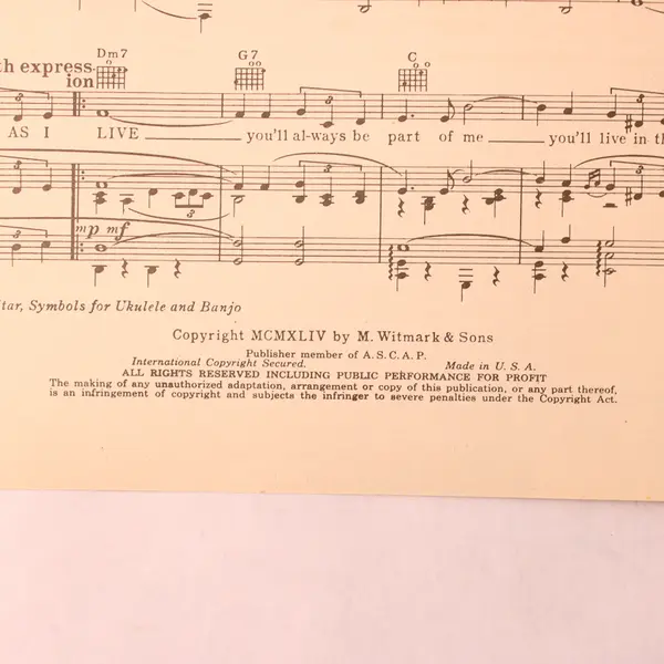 VTG 1944 Sheet Music As Long As I Live Steiner & Tobias Movie Saratoga Trunk