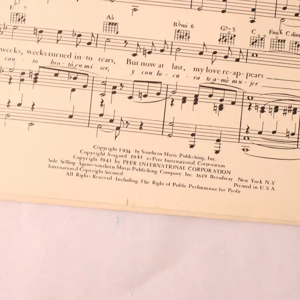 VTG 1941 Sheet Music The Bells of San Raquel Spanish & English Lyrics