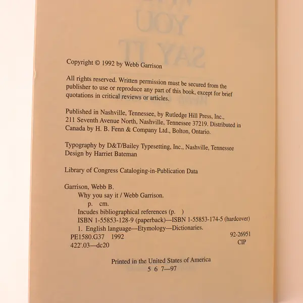Why You Say It The Fascinating Stories Webb Garrison 1992 Paperback Good