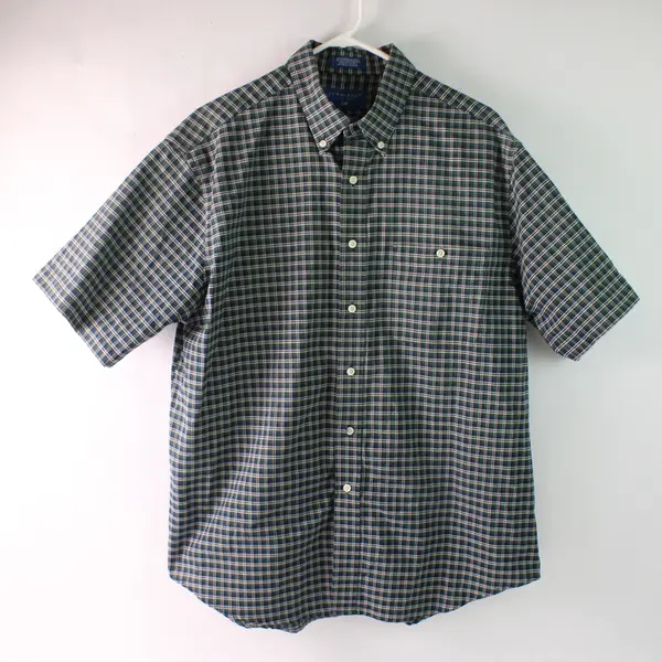 TownCraft Green Blue & Beige Plaid Short-Sleeved Button-Down Men's Large