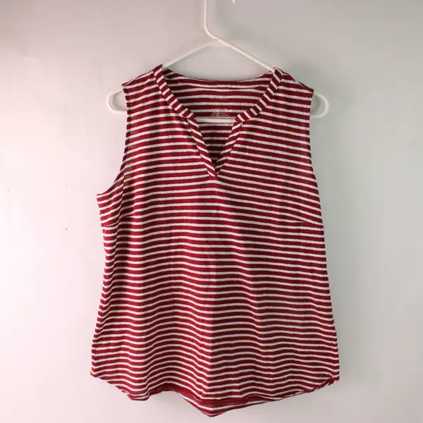 Van Heusen Red and White Striped V-Neck Tank Women's Large