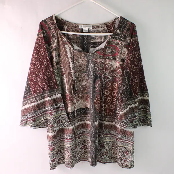 Christopher & Banks Red and Beige Paisley 3/4-Sleeve Blouse Women's Medium