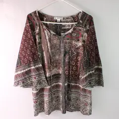 Christopher & Banks Red and Beige Paisley 3/4-Sleeve Blouse Women's Medium