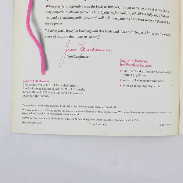 VTG Learn to Crochet in Just One Day Jean Leinhauser 1993 Right-Handed Ver PB
